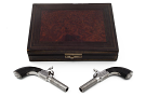 Belgian Engraved Muff/Boot Percussion 44 Caliber Pistols Cased Pair - Antique Pistols *ca. 1850*